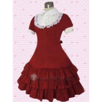 Cotton Red Short Sleeves With Ruffle Trim Lolita Dress