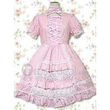 Cotton Pink Short Sleeve Neck Bow Lolita Dress(CX375)