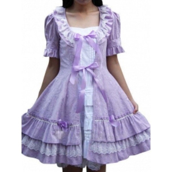 Cotton White Purple Short Sleeves Ruffle Lace Lolita Dress(CX434)