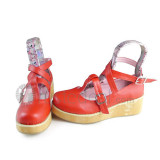 Matte Red Crossed Straps Wood Sole Lolita Shoes
