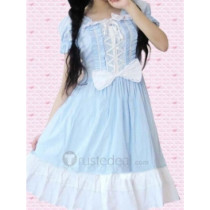 Cotton Sky Blue Short Sleeves With White Bows Lolita Dress