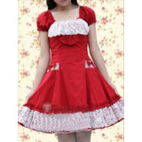 Cotton White Red Short Sleeves With Lace Trim Lolita Dress
