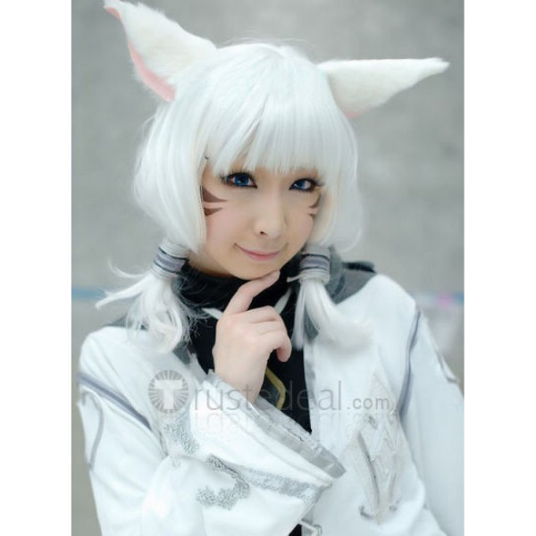 Final Fantasy XIV 14 Miqote White Pigtails Cosplay Wig
