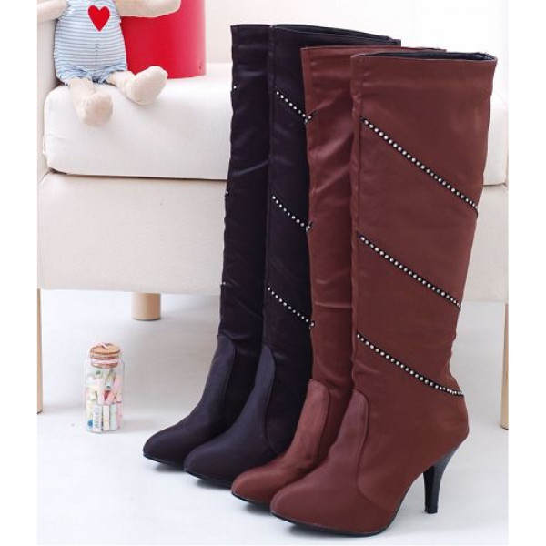 Top quality leather upper PU sole high heel with rhinestone knee boots(JY828)