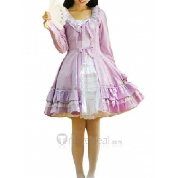 Cotton White Purple Long Sleeves Ruffle Lace Lolita Dress(CX433)