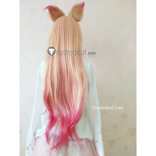 League of Legends LOL Star Guardian Ahri Blonde Pink Cosplay Wig Ears