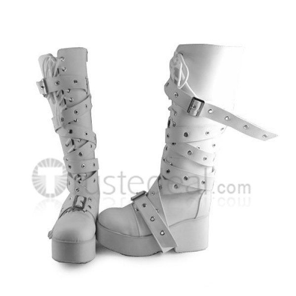 Punk Style Matte White Buckles Lolita High Shaft Boots