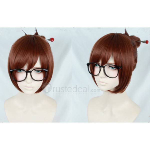 Overwatch Mei Brown Cosplay Wig and Glasses
