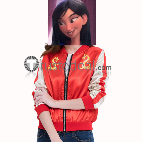 Wreck It Ralph 2 Princess Mulan Red Baseball Jacket Dragon Prints Cosplay Costume