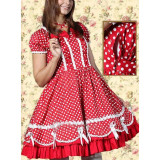 Cotton Red Short Sleeves Bow Lace Applique Cotton Lolita Dress