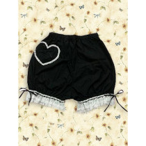 Black Cotton Lolita Bloomers with White Lace Pleated Pants Edge and Hearts(CX496)