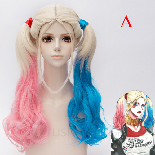 Batman Suicide Squad Arkham Asylum Harley Quinn Long Blonde Pink Blue Cosplay Wigs