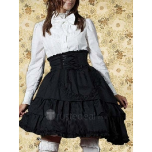 Cotton White Bow Long Sleeves Lolita Blouse And Black Lolita Skirt(CX607)