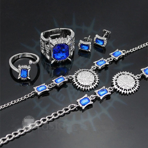 Black Butler Kuroshitsuji Ciel Phantomhive Family Ring Earrings Necklace Bracelet 5 Pieces