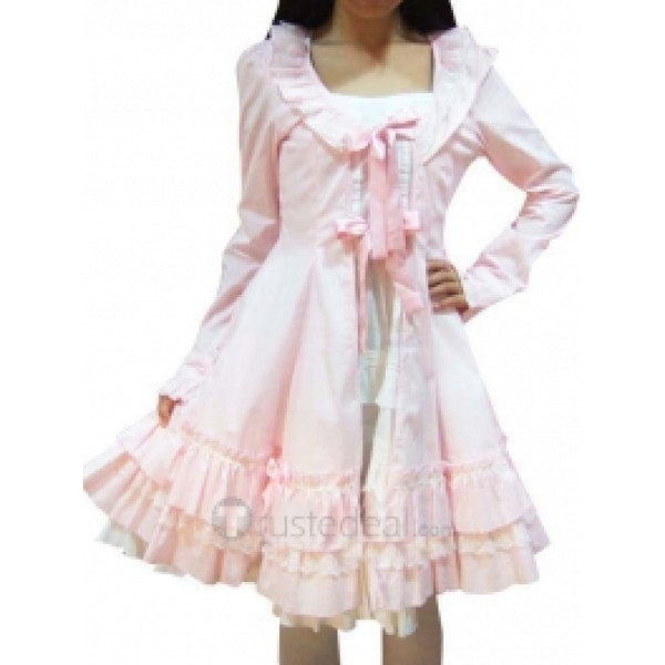 Cotton White Pink Long Sleeves Ruffle Lace Lolita Dress(CX431)