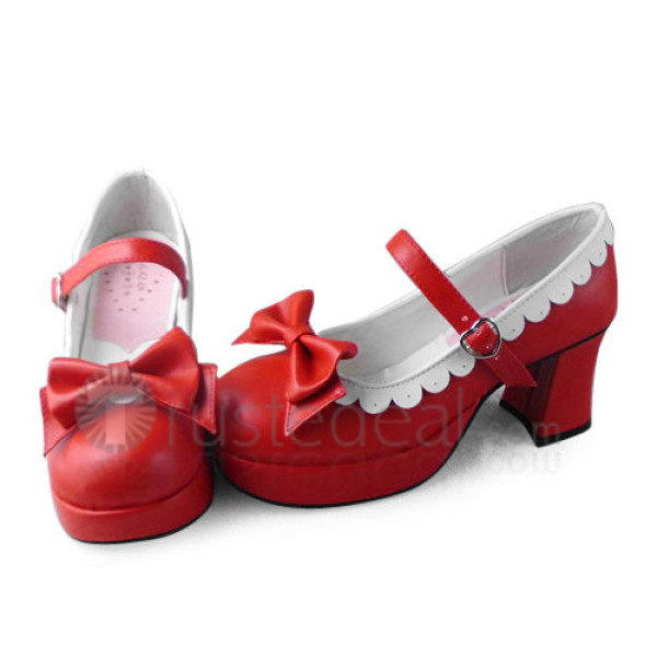 Red Lolita Shoes White Trim and Bows