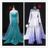 Frozen Disney Princess Elsa Blue and White Dress Cosplay Costumes