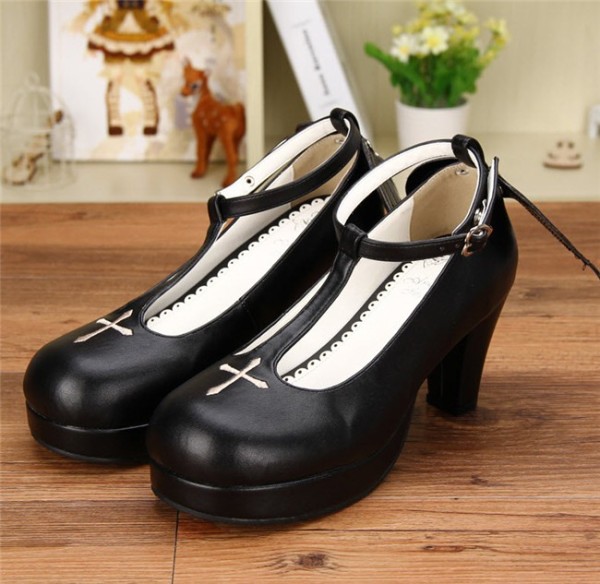 Angelic Imprint- Gothic T-shaped Straps Lolita Heels Shoes with Detachable Angel Wings