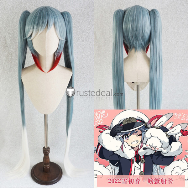 Vocaloid Snow Miku Grand Voyage Greyish Blue White Red Ponytails Cosplay Wig 2022