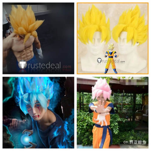 Dragon Ball Son Goku Yellow Blonde Blue Pink Spiky Styled Cosplay Wig