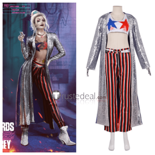 Movie Birds of Prey Harley Quinn DC Silver Coat Red Cosplay Costume