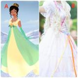 The Princess and the Frog Disney Princess Tiana Green Yellow Dress and Princess Pink Dress Cosplay Costume