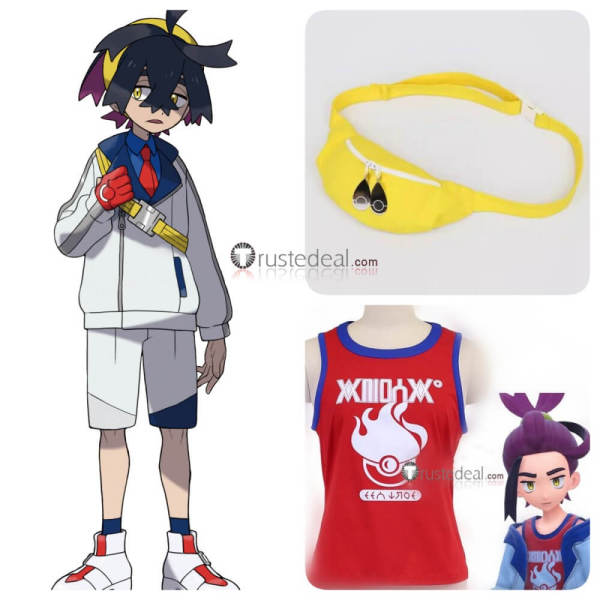 Pokemon Scarlet and Violet Kieran Red Shirt  Yellow Bag Cosplay Costume