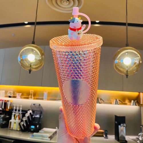 2021 Ox Year Cow Topper Coral Pink Diamond Studded Cup Tumbler