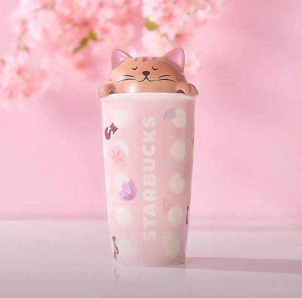2021 Pink Sakura Cute Cat Cover 12oz Double Wall Mug