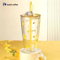 Luckin Coffee Cat Topper Yellow Flower 17oz Double Wall Glass Cup Tumbler