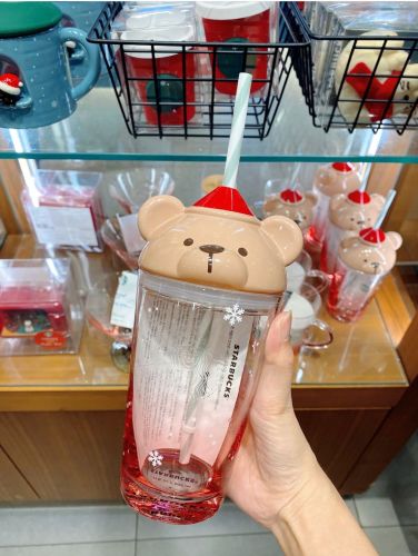 Starbucks 2021 Korea Christmas Cute Bear 17oz Straw Glass Cup Tumbler