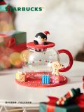 Starbucks 2021 China Christmas Surprise penguin 14oz Glass Cup with Gift Coaster