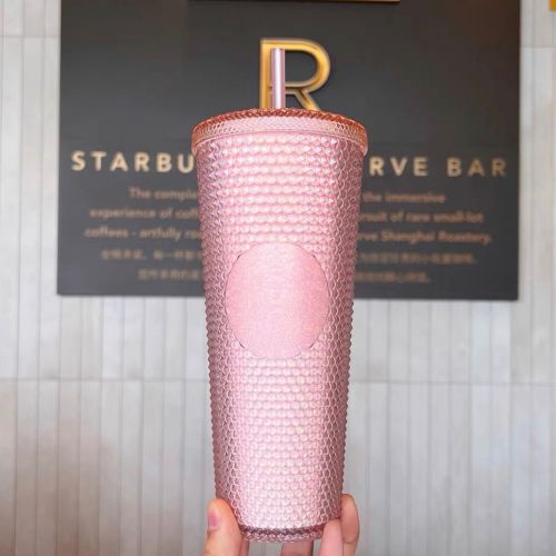 New 2022 Starbucks China Sakura Pink Glitter Studded Cold Cup Tumbler 24oz