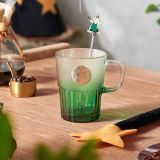 Starbucks 2022 China Gradient Green 14oz Glass Cup with Bear Stick
