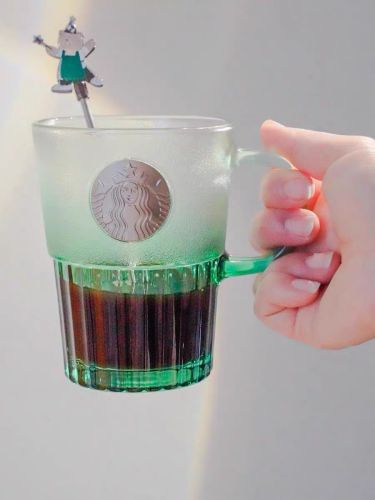 Starbucks 2022 China Gradient Green 14oz Glass Cup with Bear Stick