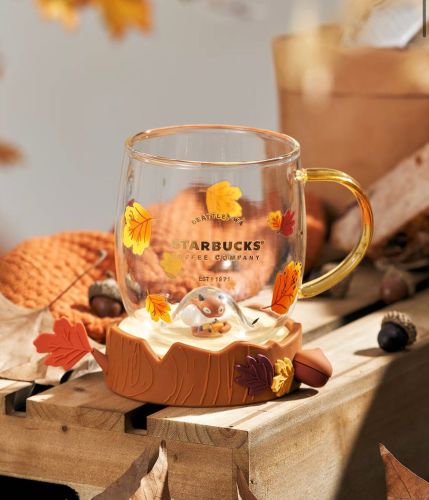 Starbucks 2022 China Autumn Squirrel eat Chestnut 16oz Glass Cup with coaster