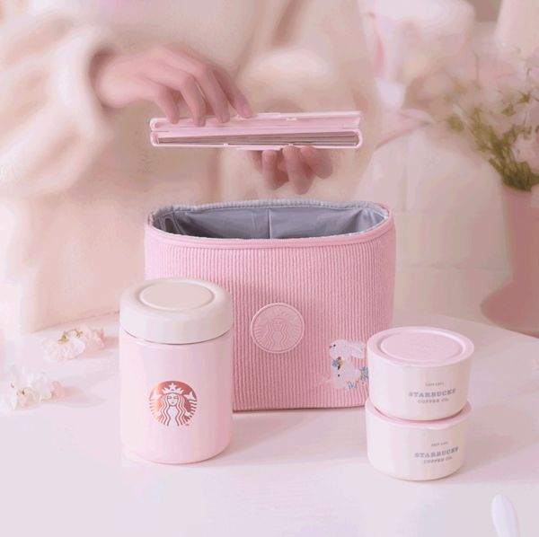 Starbucks 2023 China Pink Flower Rabbit Lunch Cup Set with Bag