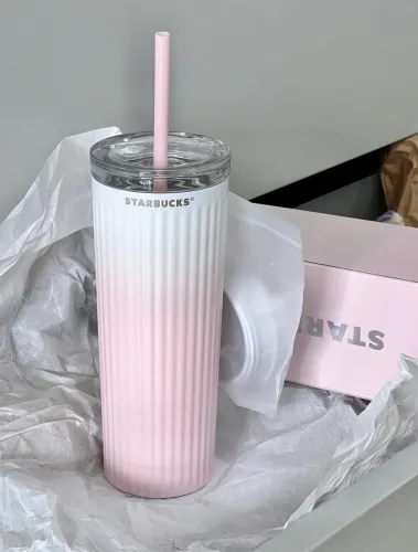 Starbucks 2023 China Pink White Gradient Ombre 16oz SS Cup Tumbler with Two Lids