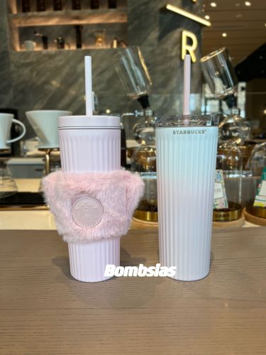Starbucks 2023 China Peach Pink or Pink White Gradient Ombre 16oz SS Cup Tumbler with Two Lids