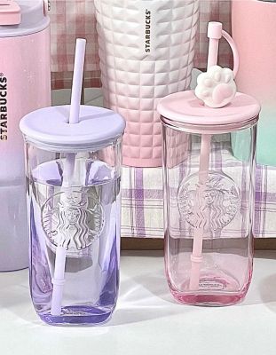 China 2023 Starbucks Triangle Pink Glass 16oz Straw Cup Tumbler With C