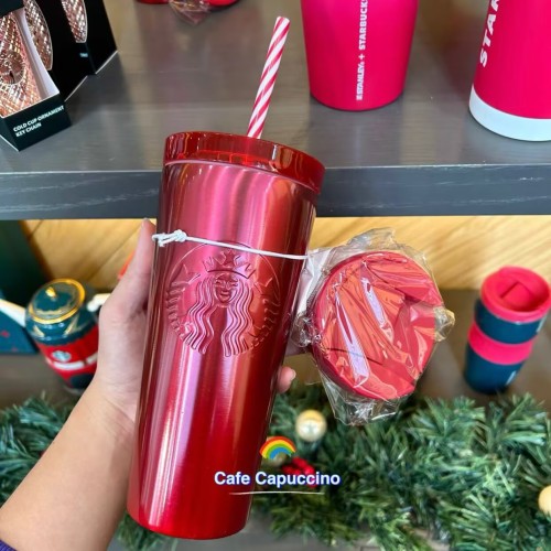 Starbucks 2023 Korea Christmas Red 16oz SS Tumbler with two lids