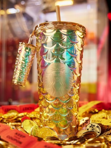 Starbucks 2024 China Clear Gold Scale 24oz Tumbler with Clear Gold Prism Keychain