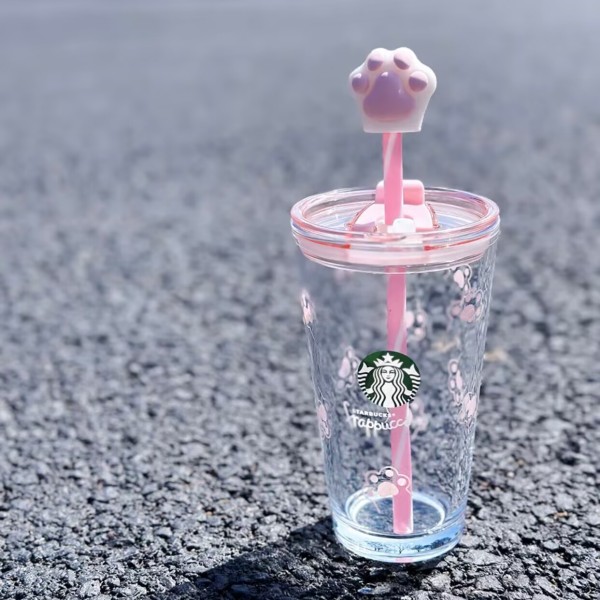 Starbucks 2023 China Pink Cat Paw 15oz Glass Cup with Topper