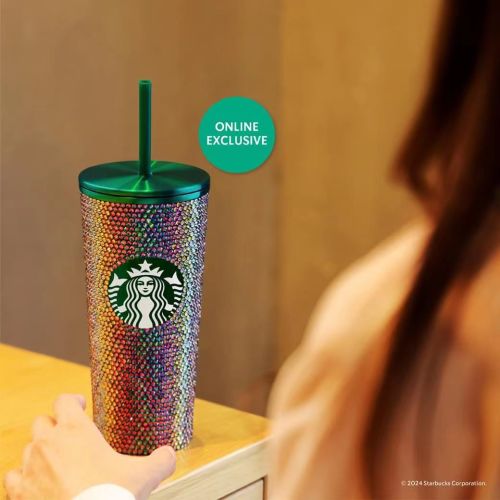 Starbucks 2024 Thailand Metallic Green Crystal Bling Diamond 16oz SS Tumbler with Gift Box