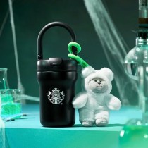 Starbucks 2024 China Halloween Green Ghost 16oz SS Tumbler with Bear Keychain