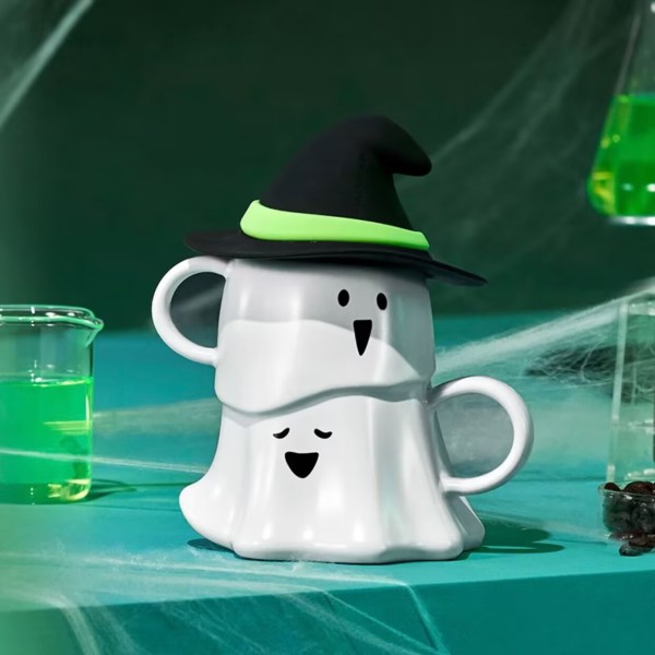 Starbucks 2024 China Halloween Green Ghost White 12oz Mug with Lid