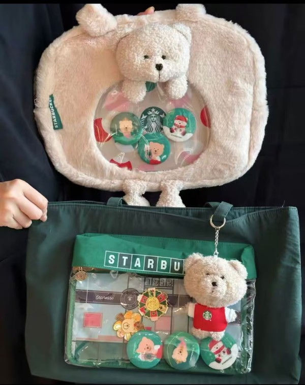 Starbucks 2024 China Christmas Hand Bag Mini Bear Toy Keychain Pin Set