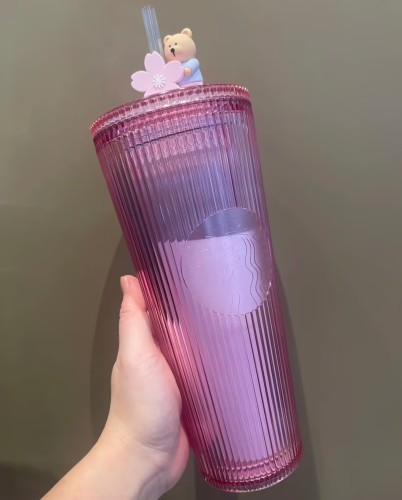 Starbucks 2025 China Sakura Pink Stripe 24oz Venti Tumbler with Bear Topper