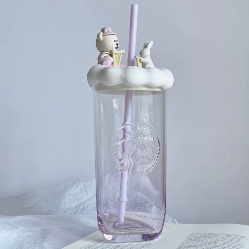 Starbucks 2025 China Summer Cute Bear Rabbit Purple 16oz Glass Cup