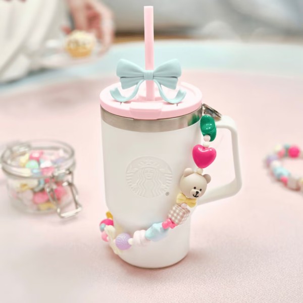 Starbucks 2025 China Pink and White 18oz SS Tumbler with Bear Keychain